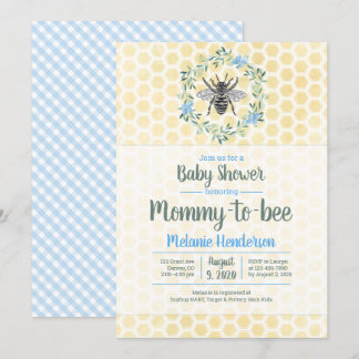 Mommy to bee, honeycomb, gingham, boy baby shower invitation