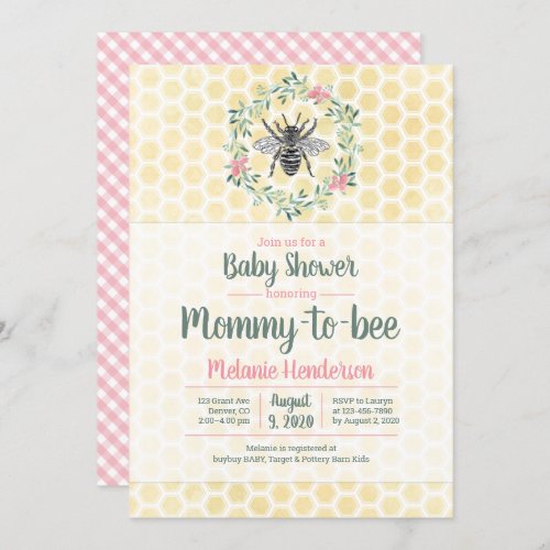 Mommy to bee honeycomb gingham girl baby shower invitation