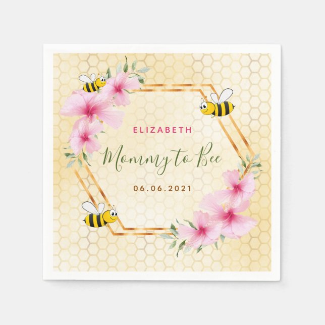 Mommy to bee honeycomb pink florals baby shower napkins (Front)
