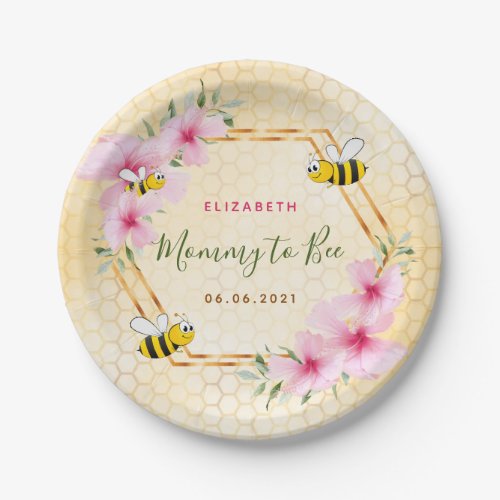 Mommy to bee honeycomb pink florals baby shower paper plates