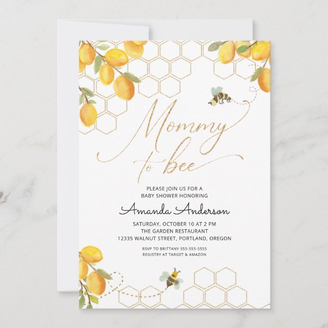 Mommy To Bee Lemons Glitter Honeycomb Baby Shower Invitation (Front)