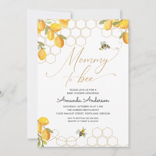 Mommy To Bee Lemons Glitter Honeycomb Baby Shower Invitation