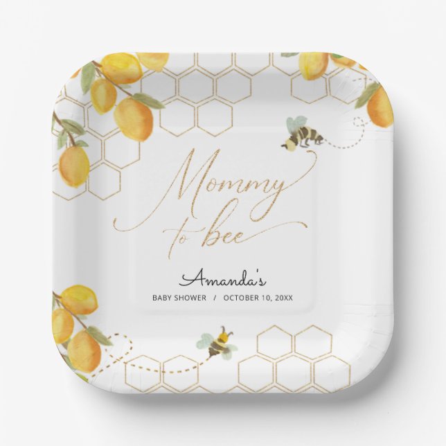 Mommy To Bee Lemons Glitter Honeycomb Baby Shower Paper Plates (Front)