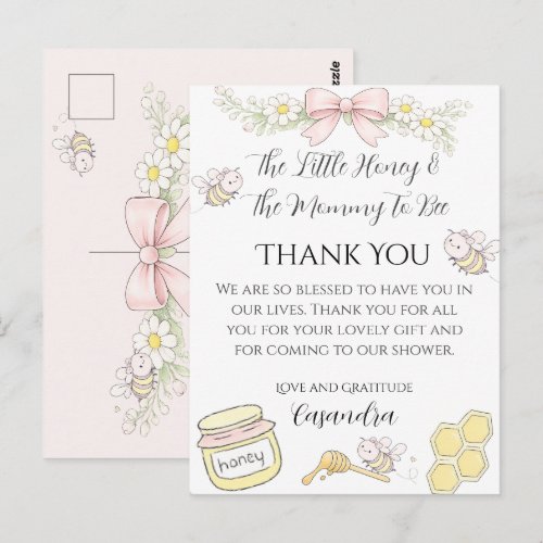 Mommy to Bee Pink Bow Baby Shower Thanks you Postcard