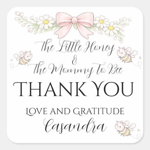 Mommy to Bee pink bow girls baby shower thank you  Square Sticker