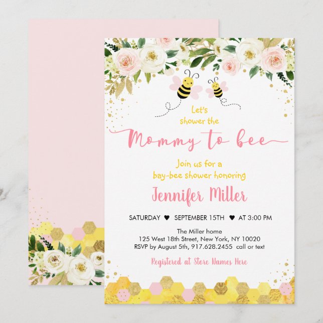 Mommy to Bee Pink Gold Floral Baby Shower Invitation (Front/Back)