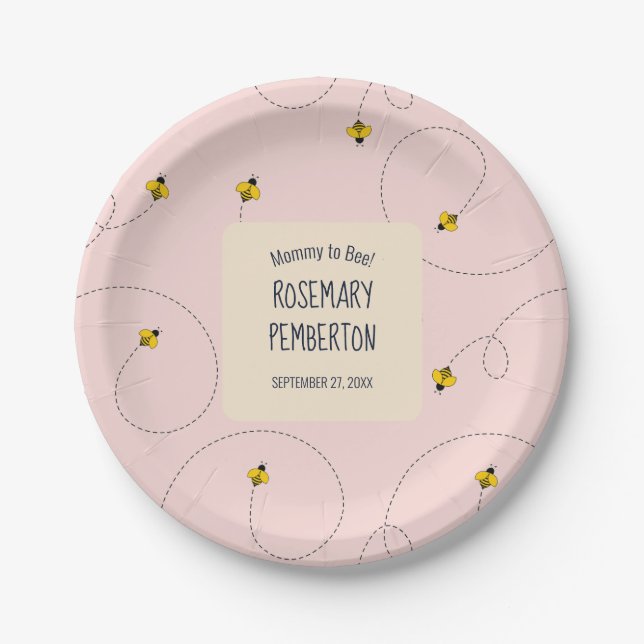 Mommy to Bee Rose Pink Baby Shower Paper Plates (Front)