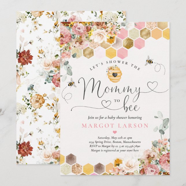 Mommy To Bee Spring Boho Wildflower Baby Shower Invitation (Front/Back)