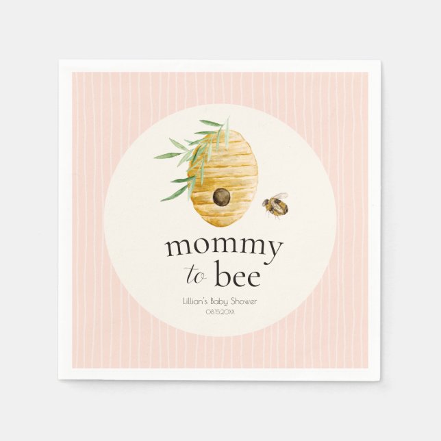 Mommy To Bee Striped Blush Pink Girl Baby Shower  Napkins (Front)