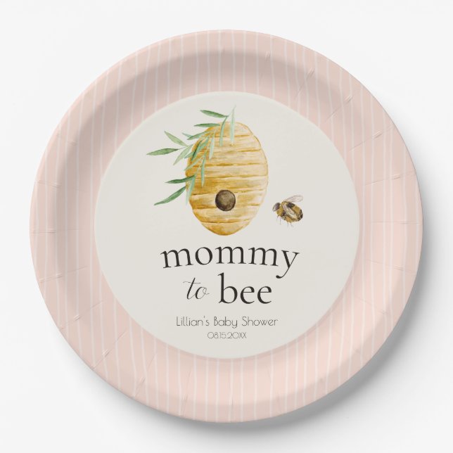 Mommy To Bee Striped Blush Pink Girl Baby Shower  Paper Plates (Front)