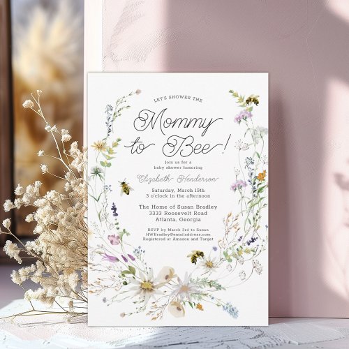 Mommy To Bee Watercolor Wildflower Baby Shower Invitation
