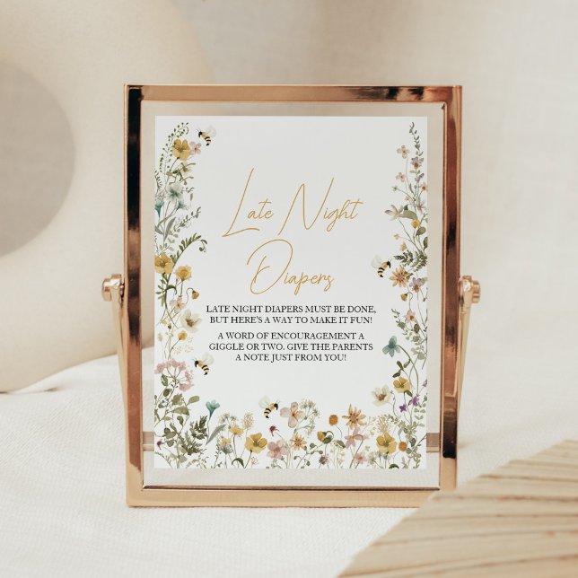Mommy to Bee Wildflower Late Night Diapers Poster (Mom to Bee Gender Neutral Baby Shower Late Night Diapers Sign)