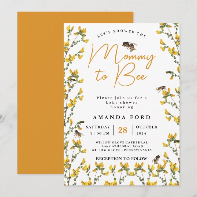 Mommy to Bee wildflower  yellow floral Baby Shower Invitation (Front/Back)