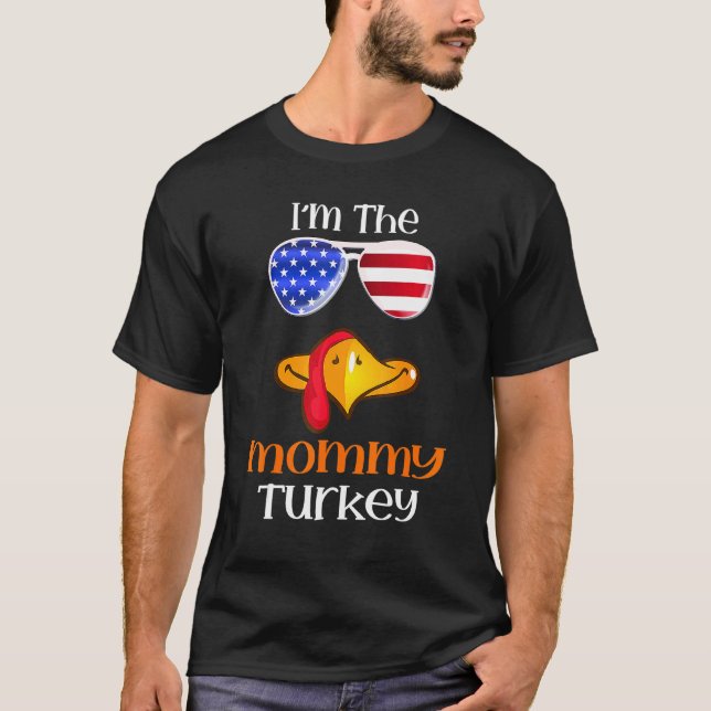 Mommy Turkey Face Thanksgiving American Flag Sungl T-Shirt (Front)