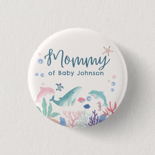 Mommy Watercolor Ocean Baby Shower Button (Front)