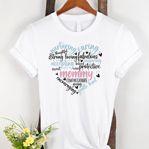 Mommy Word Cloud Blue and Pink Heart T_Shirt