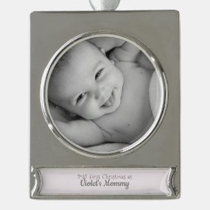 Mommy's 1st Christmas Personalized Name Year Photo Silver Plated Banner Ornament