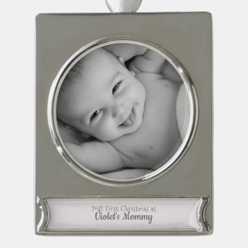 Mommys 1st Christmas Personalized Name Year Photo Silver Plated Banner Ornament