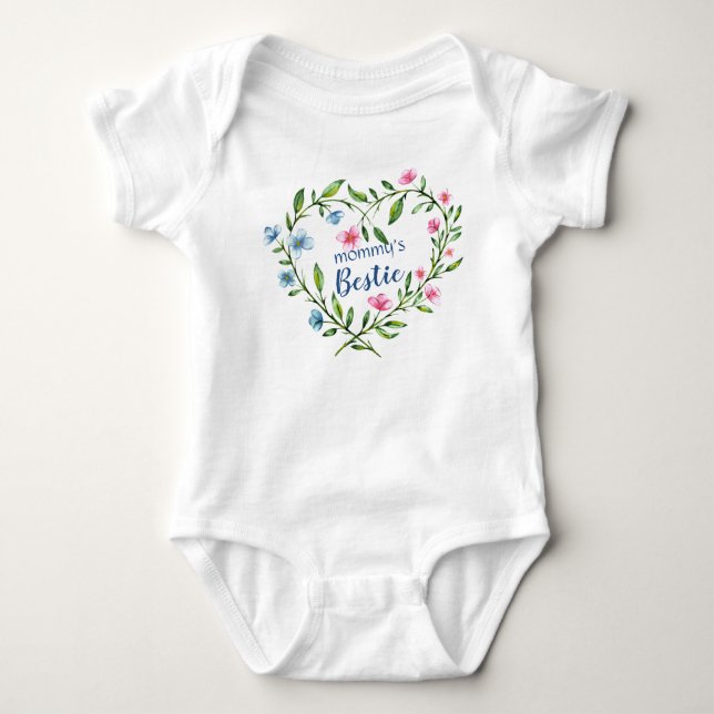 Mommy's Bestie - Pink and Blue Floral Heart Baby Bodysuit (Front)