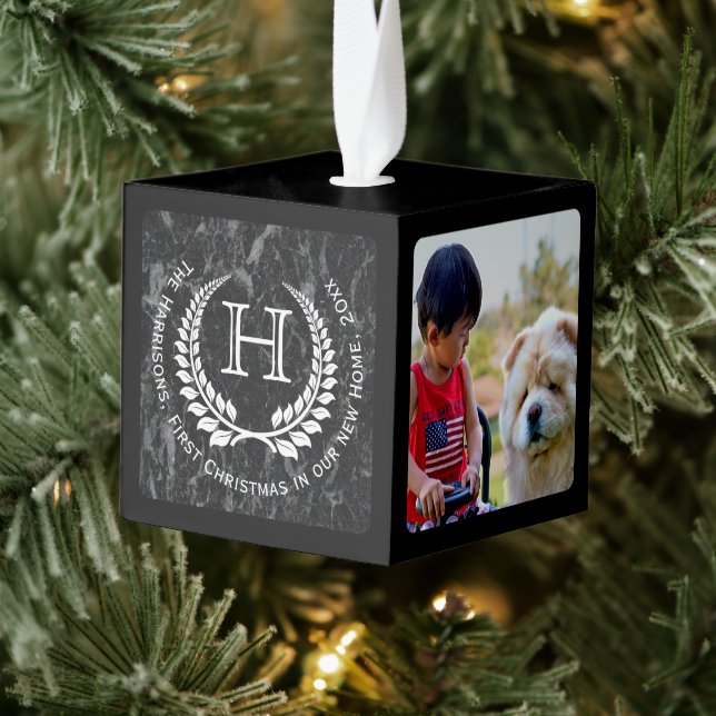 Momogram Crest Personalized 3 Photo Collage Cube Ornament (Tree)