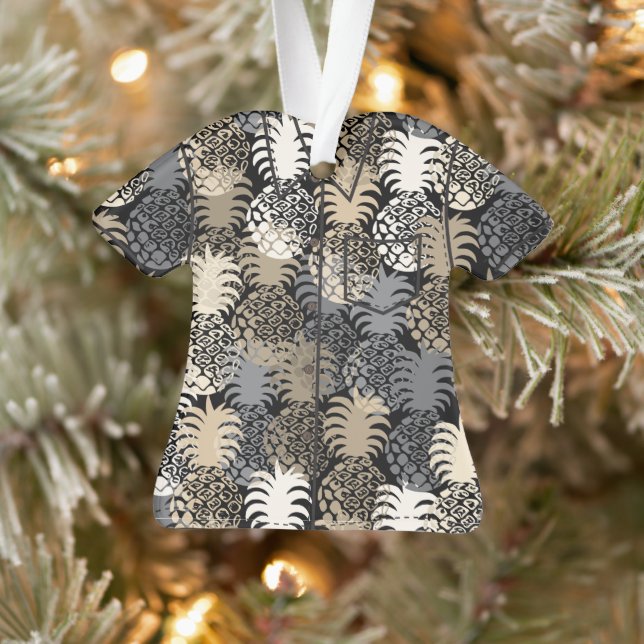 Momona Hawaiian Tropical Pineapple Aloha Shirt-Blk Ornament (Tree)