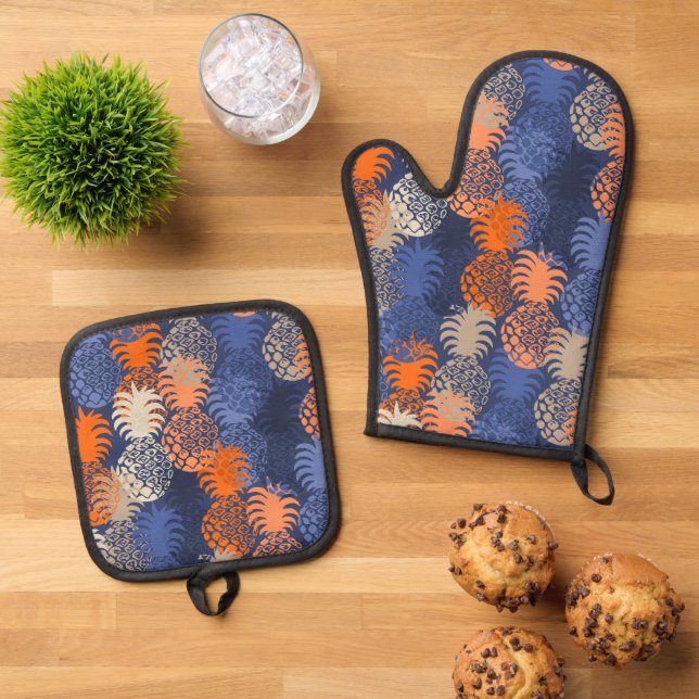Momona Hawaiian Tropical Pineapple Blue Orange Oven Mitt & Pot Holder Set (Top Down)