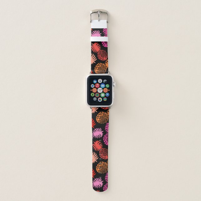 Momona Hawaiian Tropical Pineapple - Pink- Black Apple Watch Band (Front)