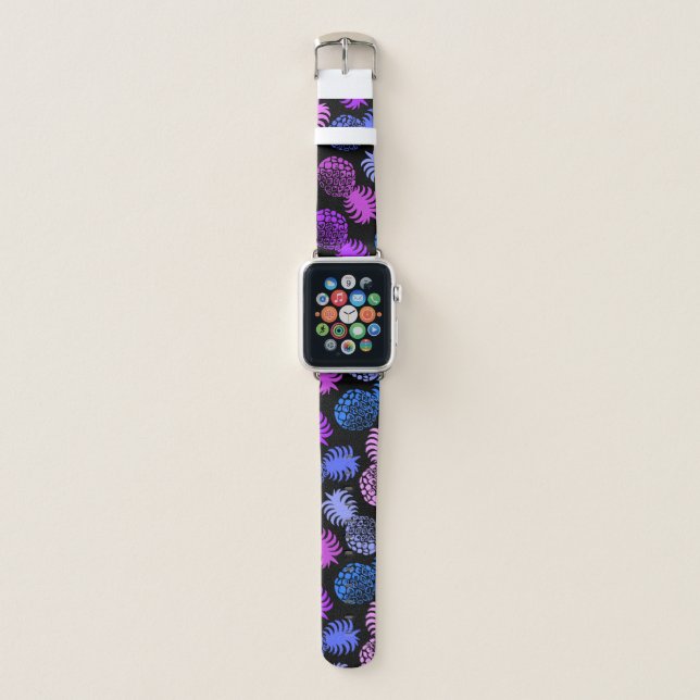 Momona Hawaiian Tropical Pineapple - Violet- Black Apple Watch Band (Front)