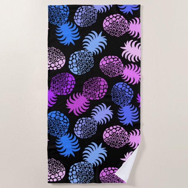Momona Hawaiian Tropical Pineapple - Violet- Black Beach Towel (Front)
