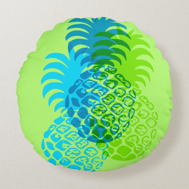 Momona Pineapple Hawaiian Tropical Reversible Round Pillow (Front)