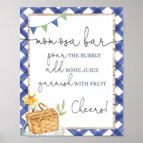Momosa bar blue white gingham picnic baby shower poster