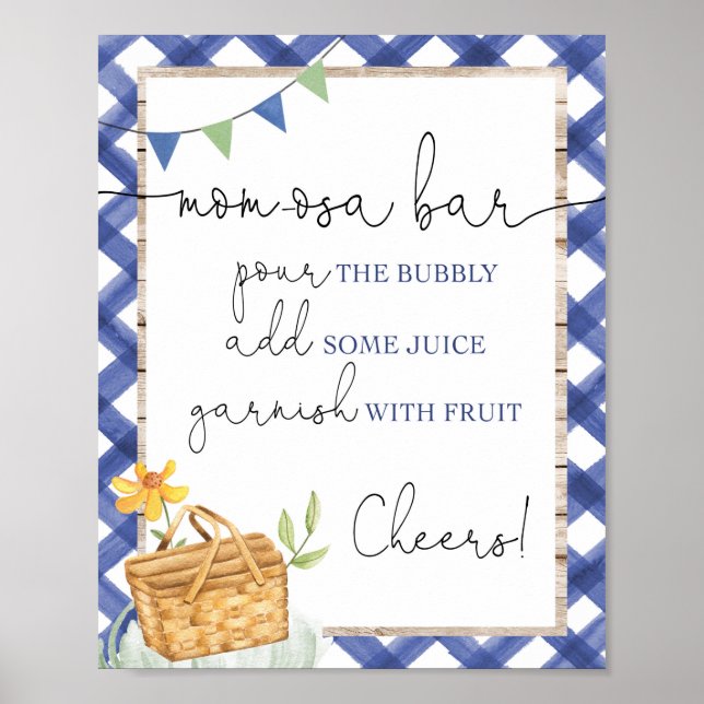 Momosa bar blue white gingham picnic baby shower poster (Front)