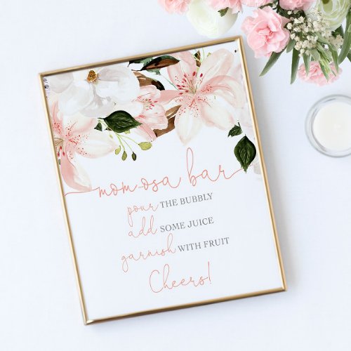 Momosa bar floral lilies blush baby shower poster