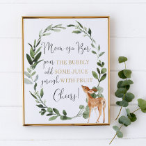 Momosa bar mimosa woodland deer baby shower sign
