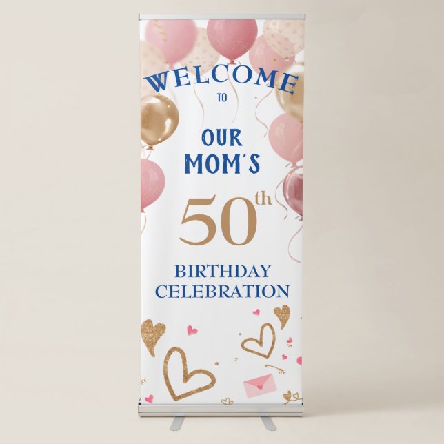 Mom's 50th Birthday Party Celebration Retractable Banner (Front)