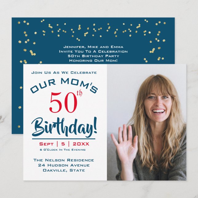 Mom's 50th Birthday Party Photo Invitation (Front/Back)