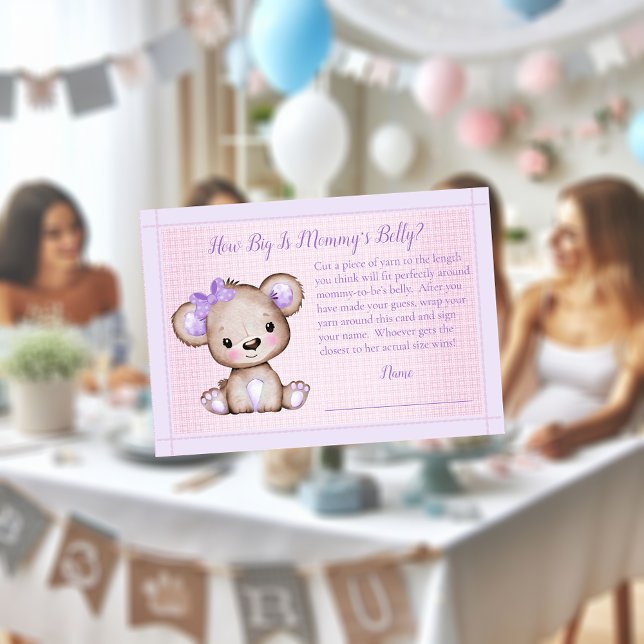 Moms Belly Size Purple Girl Bear Baby Shower Game  Enclosure Card (Creator Uploaded)