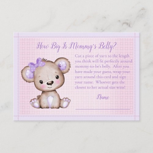 Moms Belly Size Purple Girl Bear Baby Shower Game  Enclosure Card