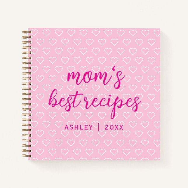 Mom's Best Recipes Cute Pink Heart Pattern Trendy Notebook (Front)