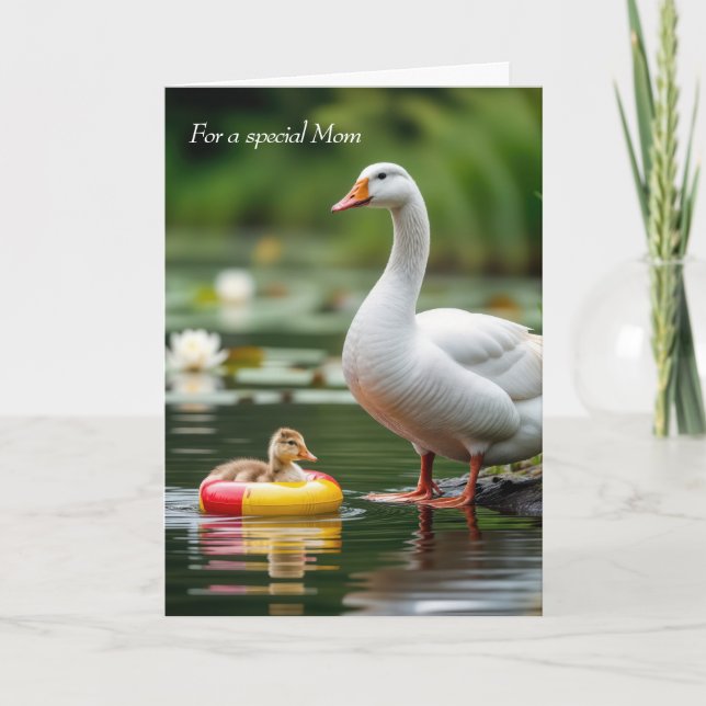 Mom's Birthday White Goose With Gosling Card (Front)