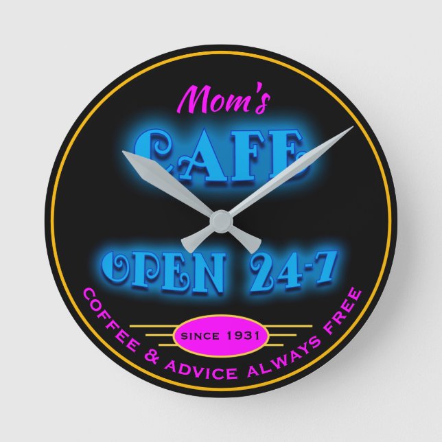 Mom's Cafe Open 24 Hrs Faux Retro Blue Neon - Round Clock (Front)