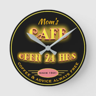 Mom's Cafe Open 24 Hrs Faux Retro Neon - Round Clock
