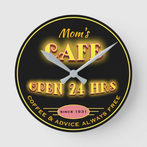 Moms Cafe Open 24 Hrs Faux Retro Neon _ Round Clock