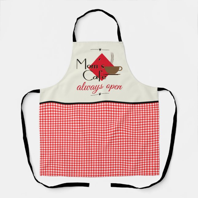 Mom's Cafe Red and White Gingham Check Pattern Apron (Front)