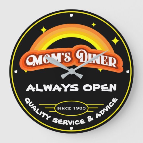 Moms Diner Always Open Retro Rainbow Black Large Clock