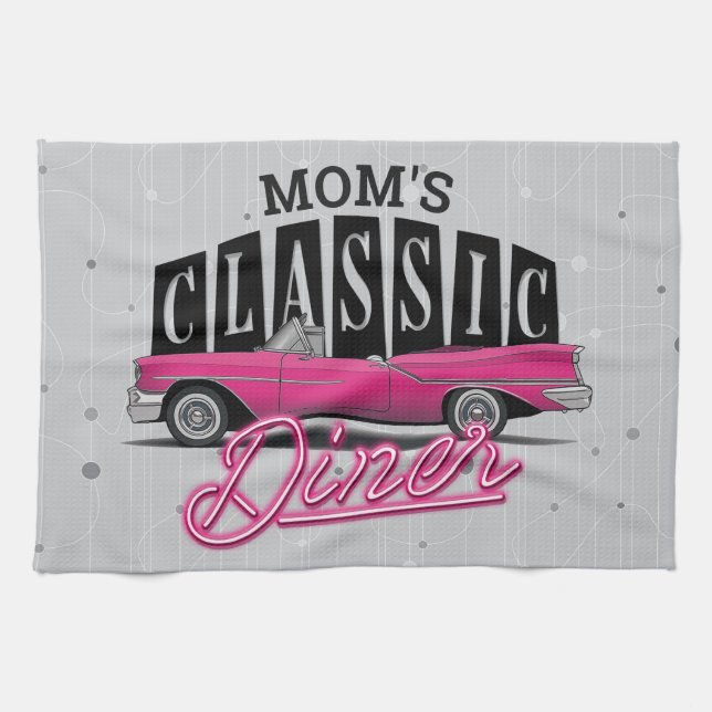 Mom's Diner Custom Name Faux Neon 50's Classic Car Kitchen Towel (Horizontal)
