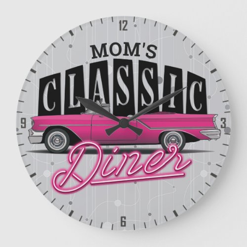 Moms Diner Custom Name Faux Neon 50s Classic Car Large Clock