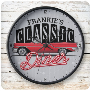 Mom's Diner Custom Name Faux Neon 50's Classic Car Large Clock