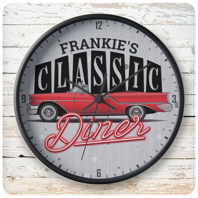 Mom's Diner Custom Name Faux Neon 50's Classic Car Large Clock (Creator Uploaded)