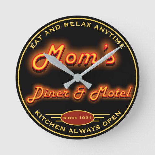 Moms Diner  Motel Fun Faux Neon Any Slogan _ Round Clock